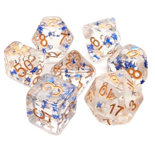 Old School 7 Piece DnD RPG Dice Set: Infused - Blue Stars w/ Gold, Dice