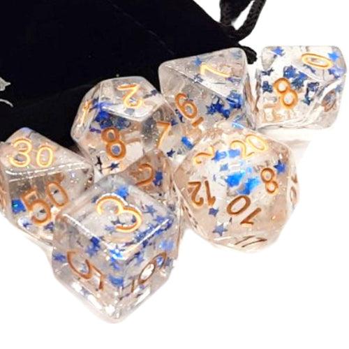 Old School 7 Piece DnD RPG Dice Set: Infused - Blue Stars w/ Gold, Dice